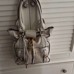 Chloe Cream Leather Shoulder Bag with Gold Accents